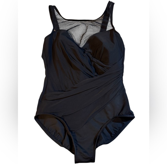 Miraclesuit Black One Piece Swimsuit with Mesh Accent and Ruching Size 14 - Picture 1 of 6